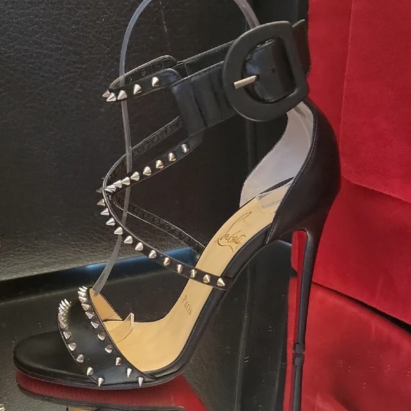 Christian Louboutin Black Choca Spikes 100 Kid Heels - Picture 3 of 16